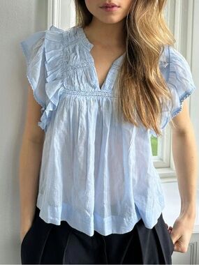 Neo Noir Light Powder Blue Jayla Voile Ruffle Sleeve Blouse Top Shirt 36/ XS, S